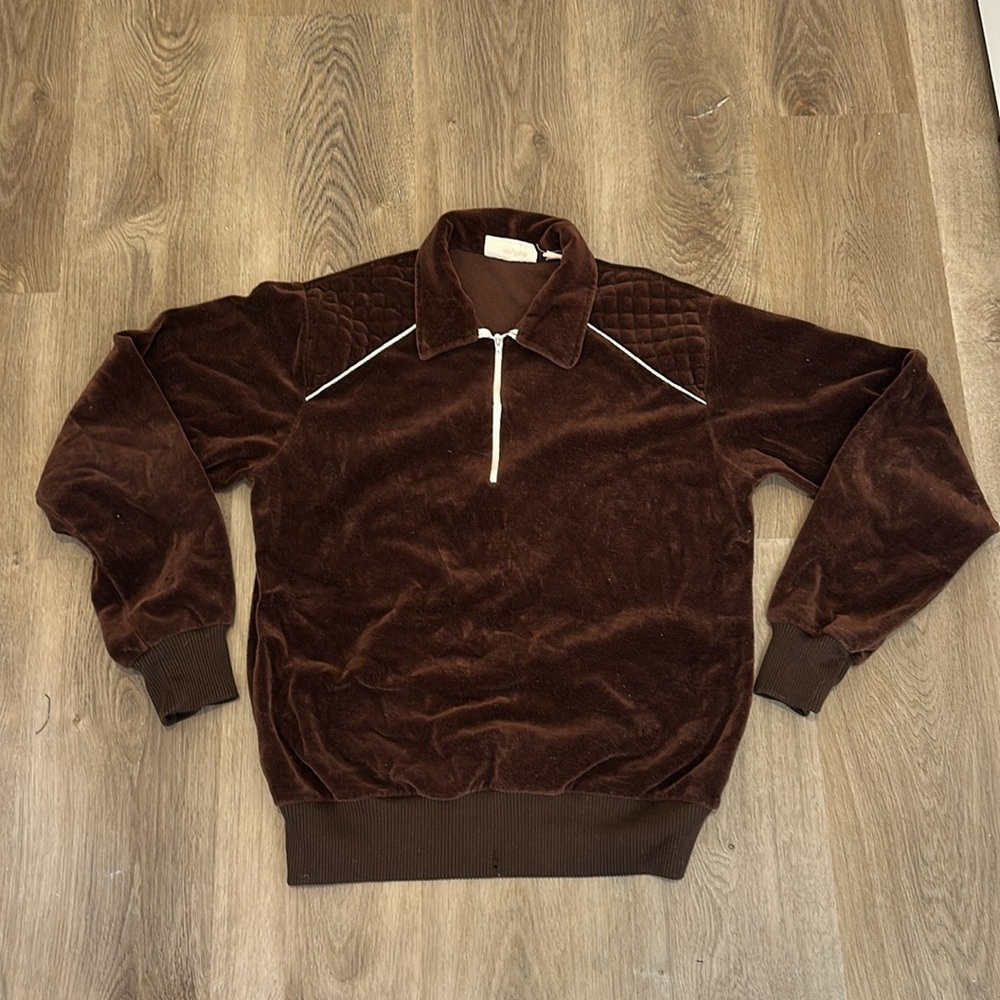 Vintage velvet Velour Half Zip Pullover 70s velvet Streetwear Quiet Luxury Brown - Picture 12 of 14